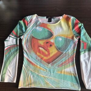 Custo Barcelona Multicolor Graphic Long-Sleeve Top in Teal, Coral & Yellow